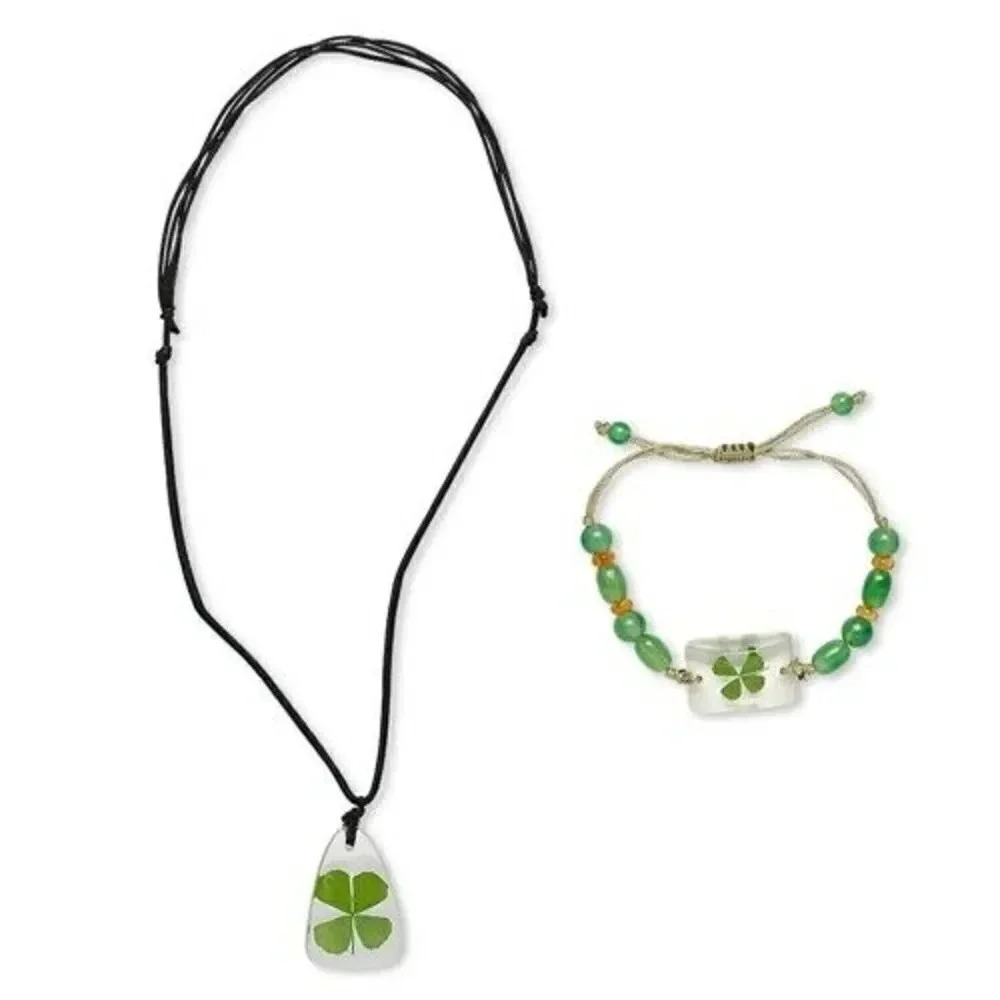 St Patricks Day Lucky Green 4 Leaf Clover Necklace Bracelet Jewelry Set